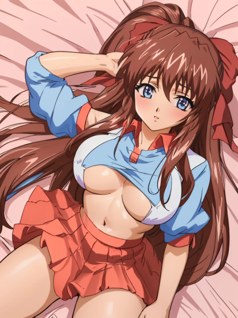 (Anime artwork, Anime Style, Studio Anime, Very detailed, Latest, Vibrant, Anime Coloring Book, High Contrast, masterpiece:1.2, Highest quality, Best aesthetics), (Beautiful and detailed:1.2), Aoi Tennis, 1 person, Hair Ribbon, Tennis uniform, Polo shirt, Raglan sleeves, Pleated skirt, Red Skirt, Pink Bra, blush, Lips parted, liar, On the bed, Lie down with your arms up, Pink Good, From above, No pants,White knee socks,Asymmetrical bangs, Perfect Proportions, Skin with attention to detail, cute, Detailed face,(nup, plunging necklines:1.2), (skirt lift:1.3), (from bottom:1.3)