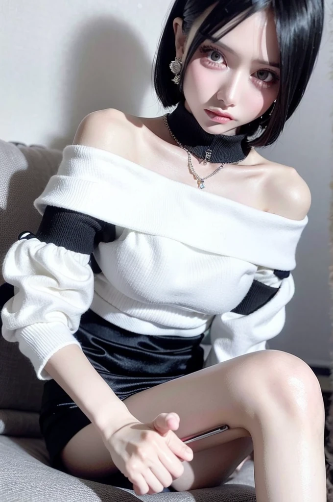 Top quality, ultra high resolution, (photorealistic: 1.4), 1 girl, off-the-shoulder white shirt, black tight skirt, black choker, (faded ash-gray hair: 1), (huge breasts: 1.2), look viewer, close-up, slender legs, small breasts