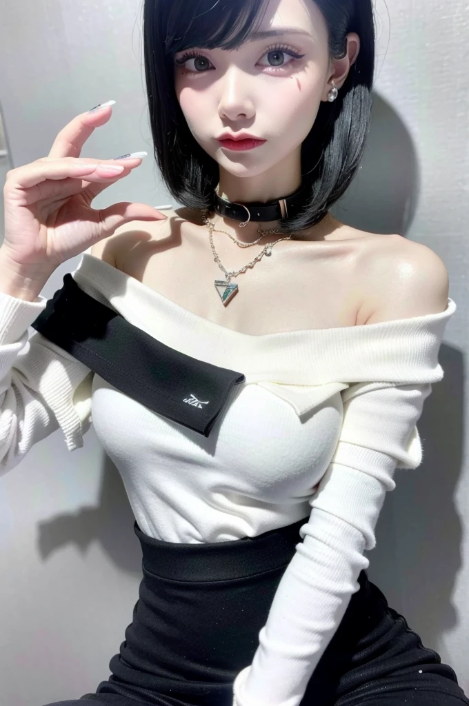 Top quality, ultra high resolution, (photorealistic: 1.4), 1 girl, off-the-shoulder white shirt, black tight skirt, black choker, (faded ash-gray hair: 1), (huge breasts: 1.2), look viewer, close-up, slender legs, small breasts