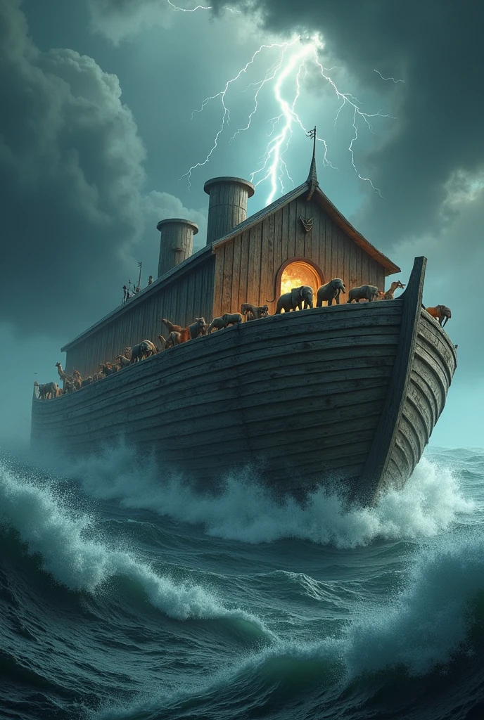 A wooden ark filled with animals sailing through a terrible flood