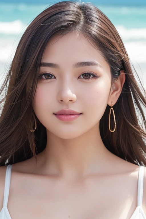 (masterpiece, Highest quality, Super detailed, masterpiece, super high quality、Crystal Clear、RAW UHD Format, 32K, octane rendering)、High resolution glowing eyes、Highest quality, Realistic skin texture, photograph shoot, Film Grain and High Contrast, photograph, Realistic, Bokeh, Natural light, Accurate, Anatomically correct, Side lighting, (a Japanese woman, (((24 years old)))), (plump lips:1.8、cute nose:1.5), smiling, beauty woman, (plump lips:1.4, plump chin:1.5, plump cheeks:1.3, cute nose:1.3) Summer Beach Full body portrait Light brown hair , Straight Bob cute tear bag Glossy face Wet, Shiny skin Earrings,beach, Hawaiian sea clear water , add flavor of tropical life