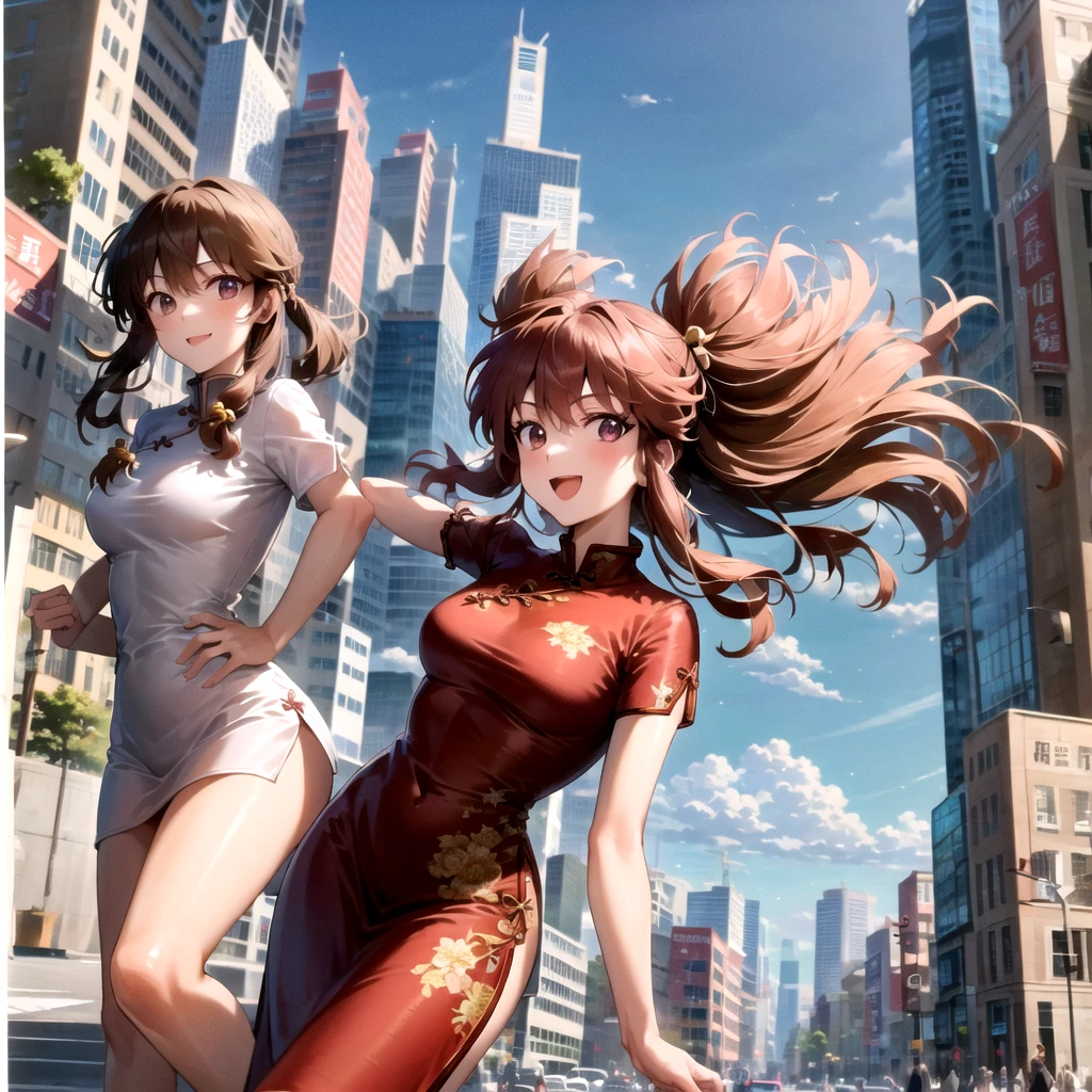 masterpiece, best quality, highres, perfect anatomy, perfect body, sexy body.
1 Girl, Shampoo, /(Ranma ½/), china dress, red dress, anime style, happy, on a busy street in the morning, with hands on hips, looking at the viewer, cowboy shot.