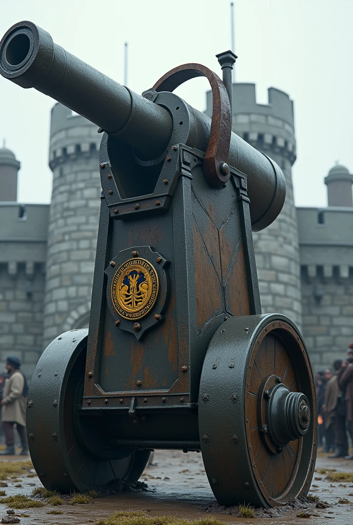 Make a giant cannon with a medieval crossbow, with a badge that says hunter