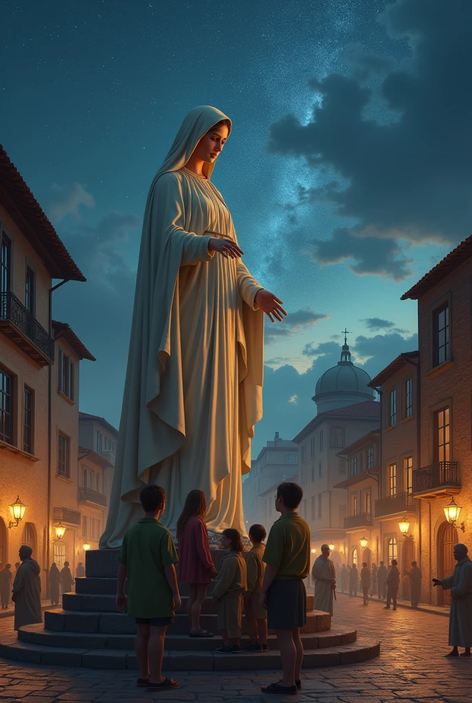 (The comic ends with the image of the statue of the Virgin of the Rosary, with a loving and protective gaze towards the children, as the stars begin to twinkle in the night sky, symbolizing the divine presence in every heart that invokes her.) All this happens in the central square