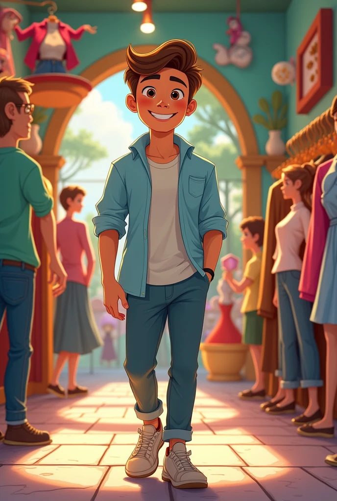 Disney-style guy, brown hair and a light blue shirt arriving at a clothing store