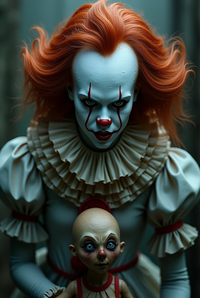 Pennywise female version with white skin, long, wavy red and black hair, black and red clothes,yellow eyes,a red balloon,with a baby in her arms