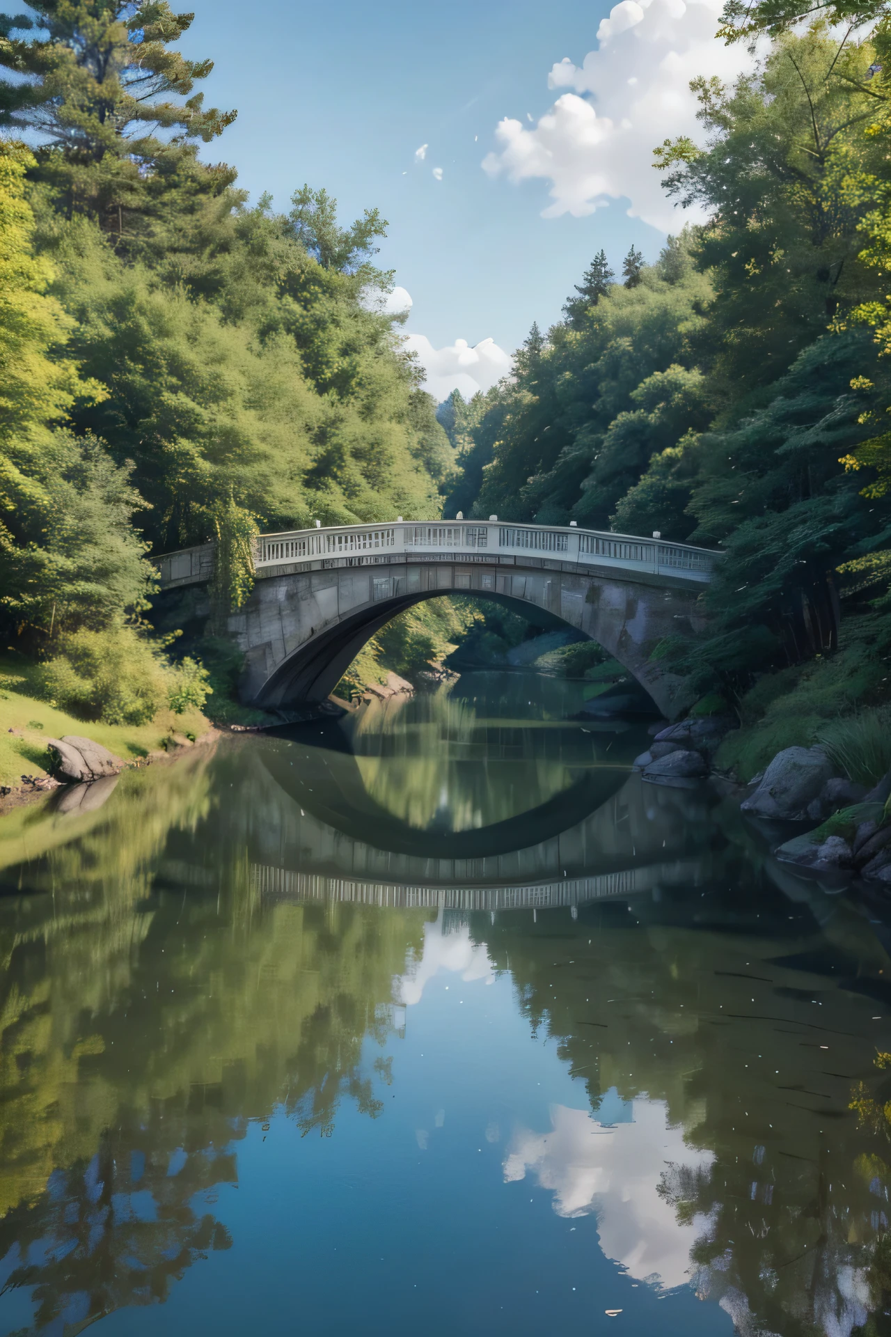 Create a high-definition image of a stunning bridge that extends from a vibrant modern city to a serene forest. The bridge should be architecturally sophisticated, with elegant arches and refined metallic details that shine under the gentle sunlight. The city to the left of the bridge is a metropolis with tall skyscrapers and twinkling lights, contrasting with the tranquility of the natural scenery to the right.

Below the bridge, a calm and crystal-clear sea reflects the sunlight and the colors of the surrounding landscape, creating a mirror effect that adds depth to the scene. The forest to the right is dense and lush, with tall green trees, some of them touching the water. The sky is clear, with scattered clouds that add a touch of serenity to the environment.

The image should convey a sense of peace and tranquility, with a palette of soft and natural colors that highlight the beauty of both the city and nature, while the design of the bridge serves as an elegant point of connection between these two worlds.

