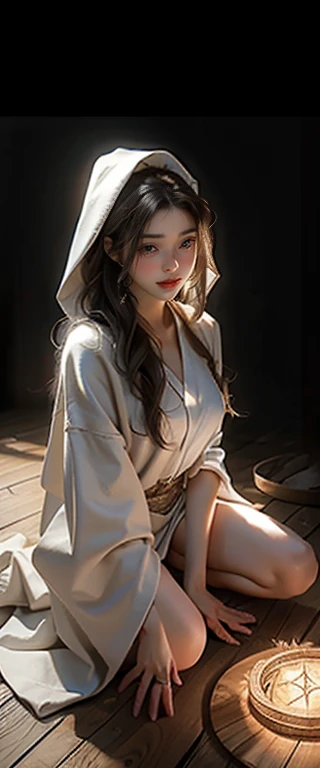 ((masterpiece, highest quality, Highest image quality, High resolution, photorealistic, Raw photo, 8K)), (A huge magic circle on the floor glows in a bewitching manner:1.3), wearing a very long white robe over her bare skin, Woman of Sacrifice, 