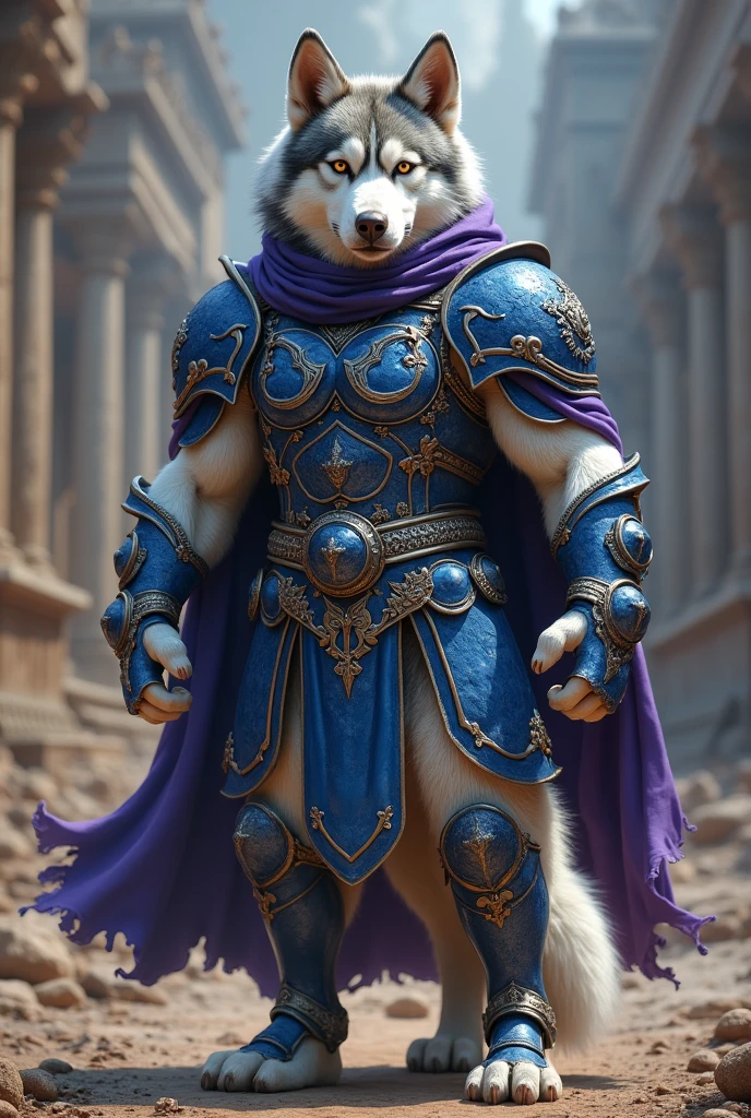 Give me a picture of a Siberian husky gladiator warrior in dog form with blue and purple armor and the husky is gray and white