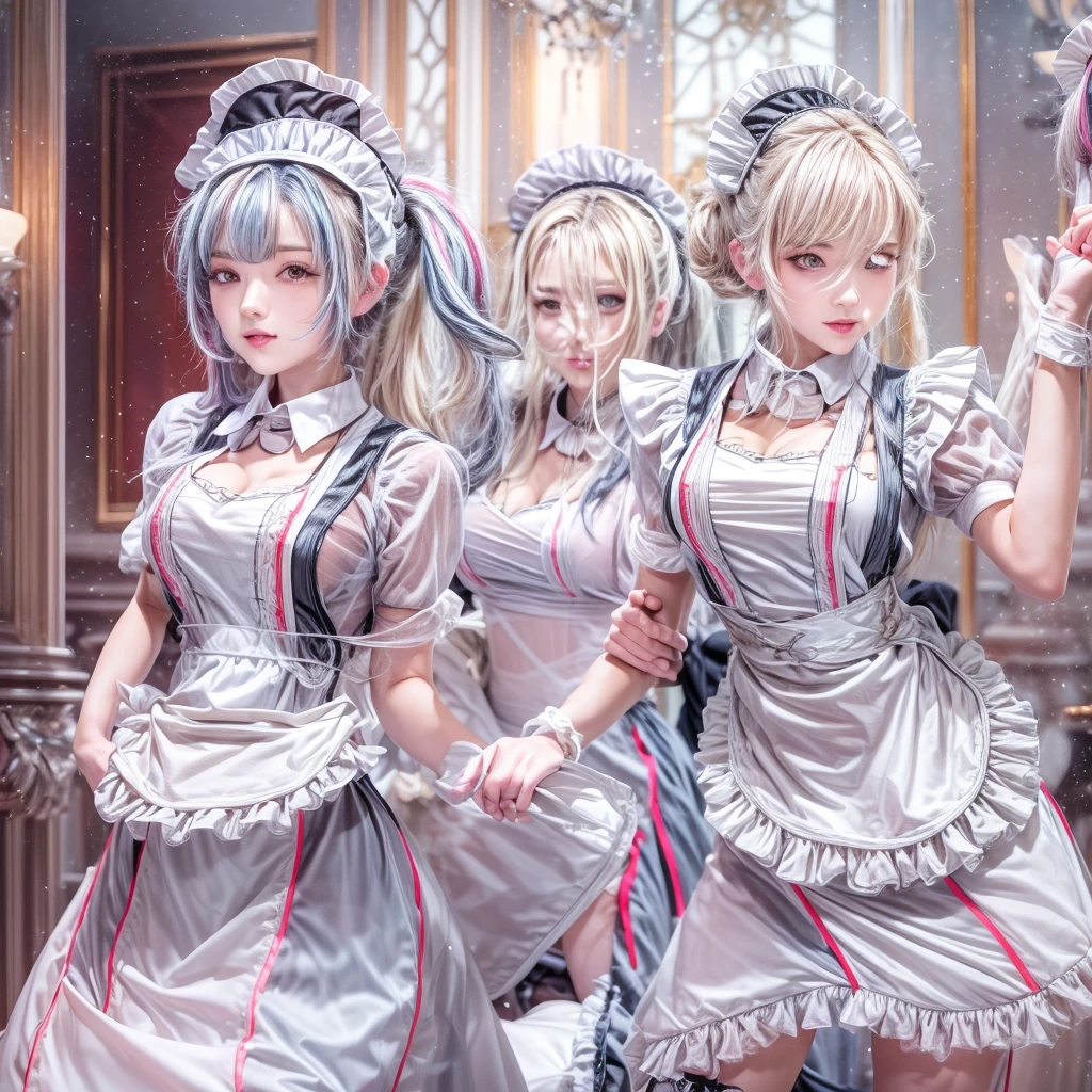 (Full Body of Extremely Detailed((Sexy Maid Group in a row:1.37))), KAWAII perfect face, Reflective Eyes, Detailed(Delicate Clothing textures), Correct Leg Line, Dynamic Joyful Expressions LifeLike Rendering, Specular Reflection, TopQuality 8K Ultra-detailed masterpiece (ProfessionalPhoto:1.37), (Acutance:0.8), (Luminism:1.28), (Renaissance art style), Colorful Light particles, ((Full body from side)), {MicroMini Skirt|Kissing|Breast Lifting|Undressing|Thigh Gap|AssFocus|(NakedApron with Overflowing SideBoob)}, Radiant Fine Skin with Transparency, (Exposed:0.4), (Different types of Anime hair color){Pink Hair|Blue Hair|Platinum Blonde|Pure White Hair|Liquid Hair}, Perfect Lighting 