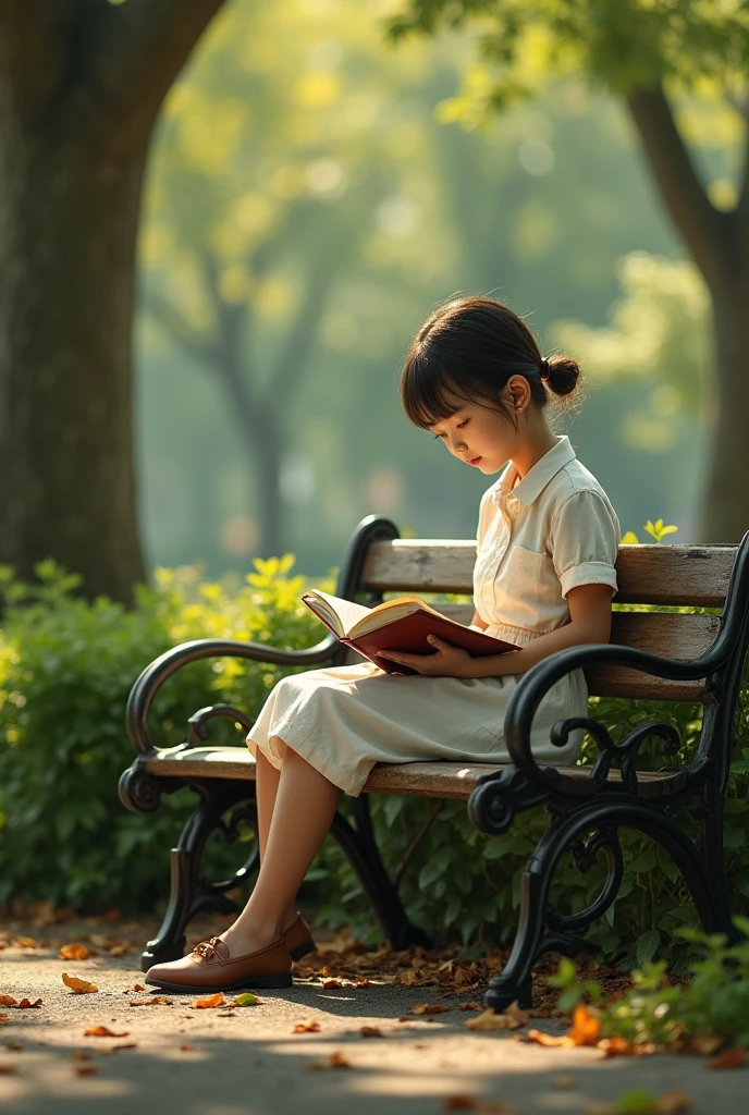 Create a girl reading a book on a park bench 