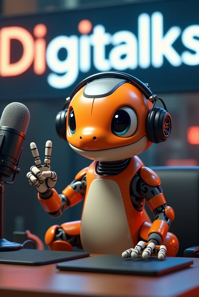 A robot salamander. Predominant Colors, orange, gris, black andwhite. Body color, orange. head, arms and legs, Use neutral colors, gris, black andwhite. Ela está fazendo com uma mão o Sign of vitória (Sign of "in"). She wears black headphones. The setting is a podcast table, with a microphone on the table. On the wall there is a large digital sign that reads "Digitalks". Your big eyes, black and white. He has a friendly look, happy and a smile.