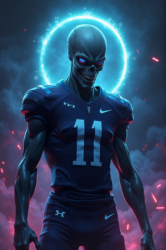 Create a captivating illustration featuring a zombie-like figure dressed in a ((football-American uniform)), holding a football-american in a menacing yet humorous manner. The character should embody the essence of a horror-themed parody of a football-American player, with exaggerated features and a sinister demeanor. The dark and ominous atmosphere of the image should evoke a sense of suspense and intrigue, drawing viewers into the macabre world of the undead athlete. Use dynamic posing and expressive details to enhance the eerie vibe of the illustration, capturing the essence of both horror and sports in a unique and entertaining way., Watercolor, trending on artstation, sharp focus, studio photo, intricate details, highly detailed, by greg rutkowski