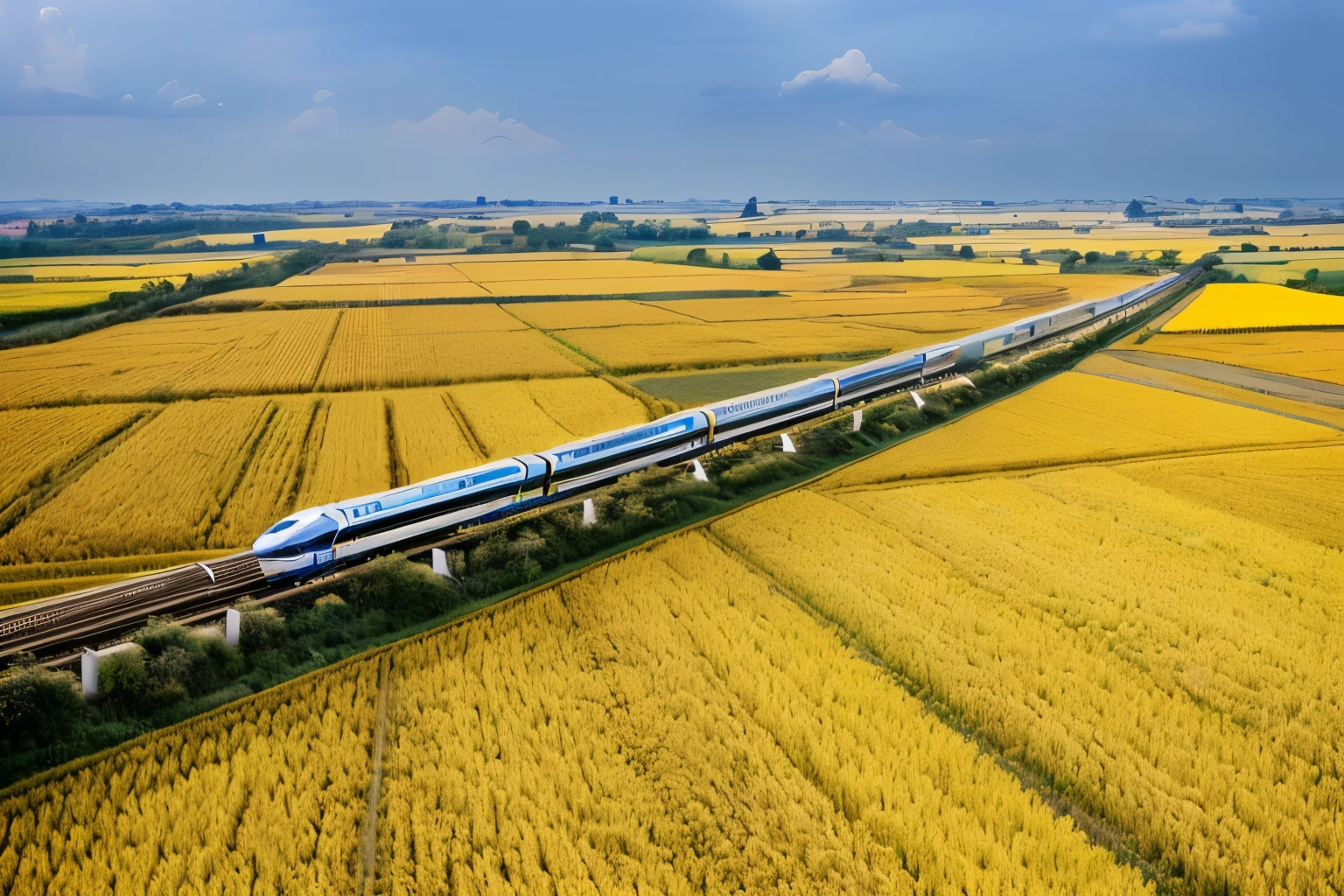 arafed train on a track in a field of yellow grass, high speed trains, supersonic trains and passengers, Photo showing, bullet train, jr sc magnetic levitation, Beautiful high resolution, Ultra-high resolution, Panoramic view, train, October,Photo still, arc, lu ji, RAW,uhd,8k,Detailed Details,Best quality,Perfect color matching,Cinematic atmosphere,Masterpieces shot by international photography masters,National Geographic Photography Award Winners,Blue sky and white clouds,Golden rice fields