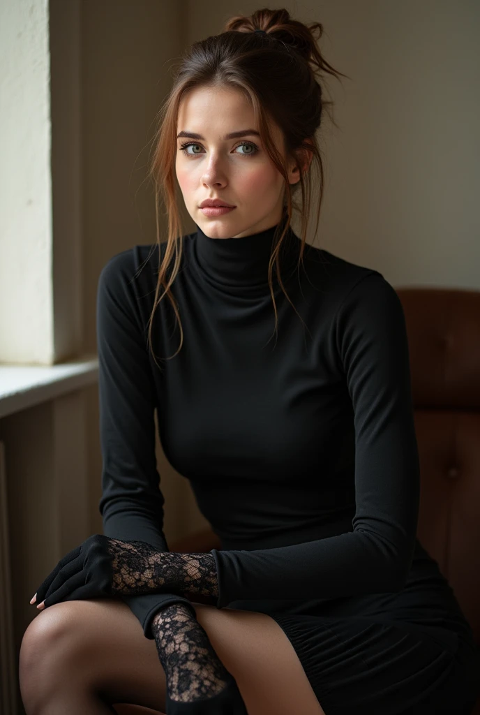 brown hair color、hair pulled back、ponytail、cute face、 she wears a turtleneck and a skirt.、she has blue eyes、black pantyhose、sitting on a chair、crossed legs、Wearing black lace gloves、wearing  boots、adult german woman、full body portrait、indoor.、