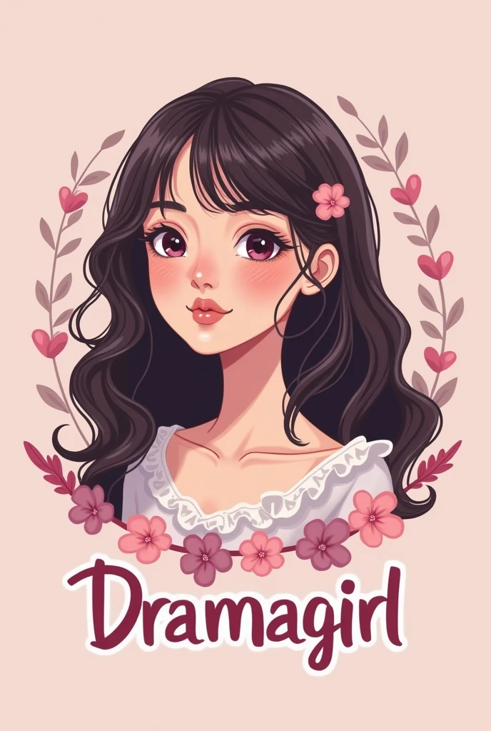 Logo de colores pasteles para foto de perfil de TikTok que diga "Dramagirl" with a girl with long curly hair dark brown and no bangs, asiatic eyes, big cheeks, pink undertones 