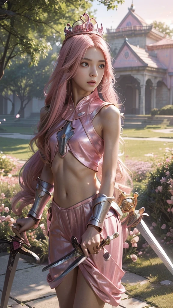 model shoot,1 girl, (innocent face:1.4), long hair, (assassin armor:1.5), (pink outfit:1.5), bare shoulder, ( beautiful crown:1.5), (bloom effect:1.5), hyper realistic, super detailed, Dynamic shot, masterpiece, park scenery sharp détails, perfect eyes, perfect skin, (two handed sword:1.5), (perfect slim body:1.5),