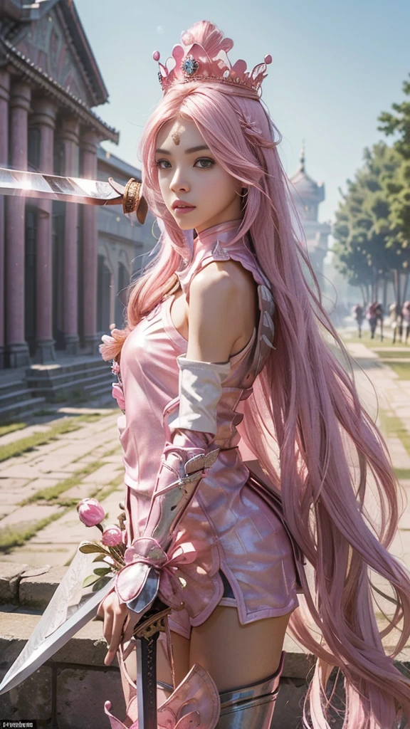 model shoot,1 girl, (innocent face:1.4), long hair, (assassin armor:1.5), (pink outfit:1.5), bare shoulder, ( beautiful crown:1.5), (bloom effect:1.5), hyper realistic, super detailed, Dynamic shot, masterpiece, park scenery sharp détails, perfect eyes, perfect skin, (two handed sword:1.5), (perfect slim body:1.5),