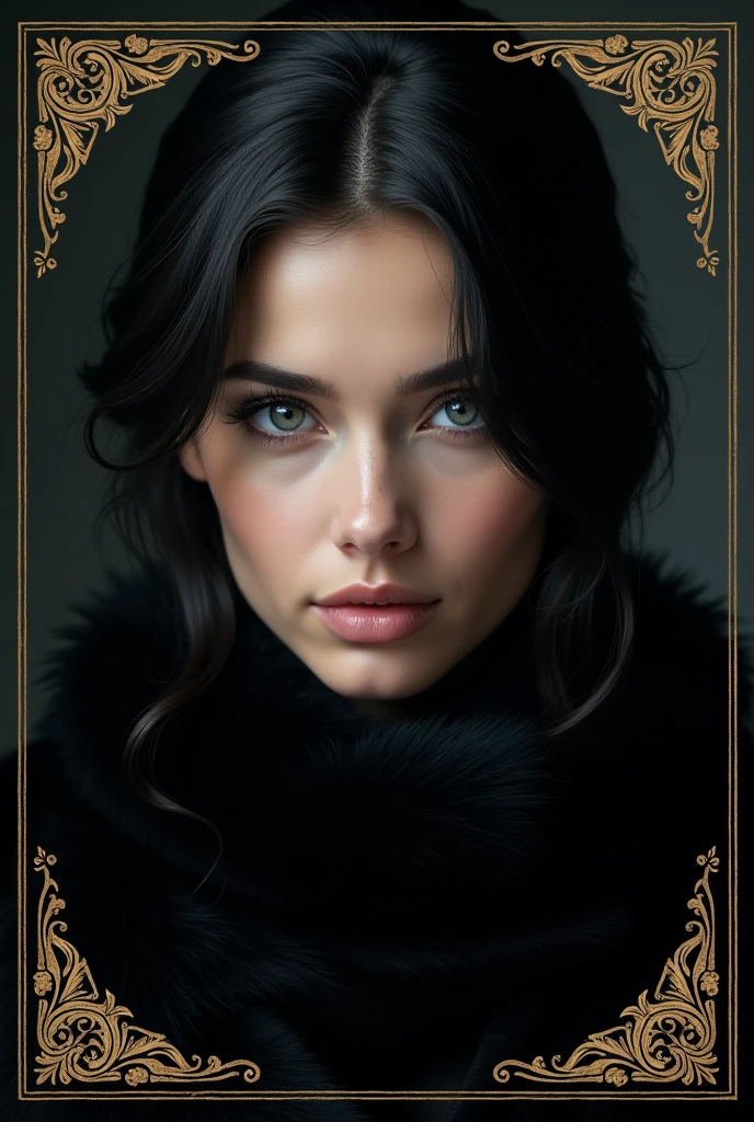 Book cover with the face of a young woman with grey eyes,black hair , Mafia with a black fur scarf and gold decorations on the sides 