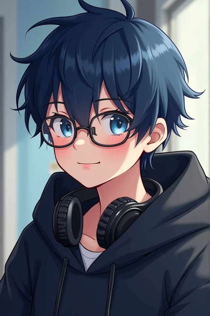 He was a middle school student-like boy who looked like a gamer, had headphones around his neck, was wearing a black hoodie, had anime-style dark blue hair, was smiling, and had thin glasses.