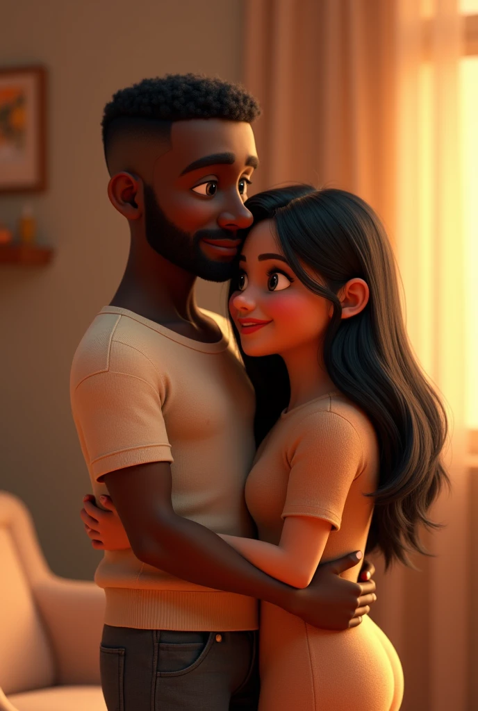 3D Pixar image of a dark-skinned man, medium size, shaven hair, shaved beard, long nose, hugging a black woman, medium size, with long straight hair