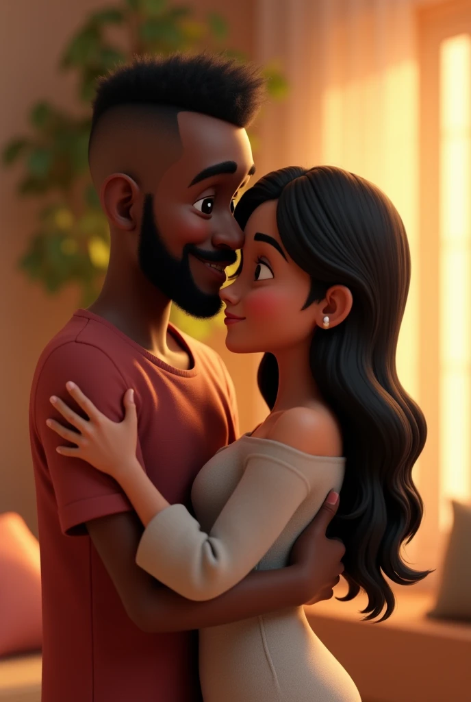 3D Pixar image of a dark-skinned man, medium size, shaven hair, shaved beard, long nose, hugging a black woman, medium size, with long straight hair