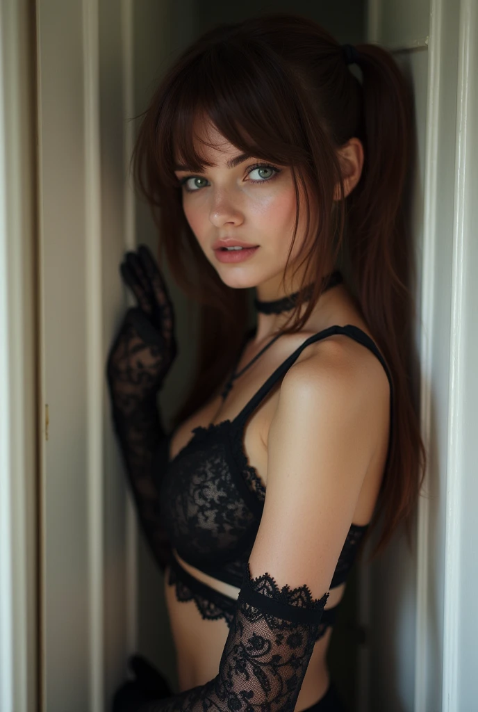 dark brown hair、high ponytail、cute face、 she wears lingerie.、black pantyhose、looking into camera、Wearing black lace gloves、adult german woman、blue eyes、showing her trained body 、leaning against doorframe、