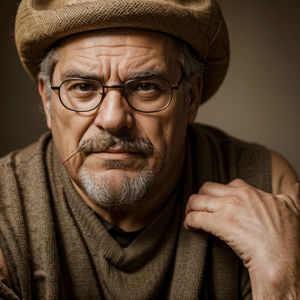 A portrait of an imposing elderly man of Asturian descent, standing tall at 1.90 meters. He is corpulent with large hands, a thick mustache, and minimal hair on his head. He wears a vest, a hat, and glasses, which add to his distinguished look. Despite his commanding presence, he has a playful expression on his face, hinting at a mischievous and kind-hearted personality. The setting is warm and rustic, with a soft light highlighting the strength and wisdom in his eyes, capturing both his powerful aura and his lighthearted nature.