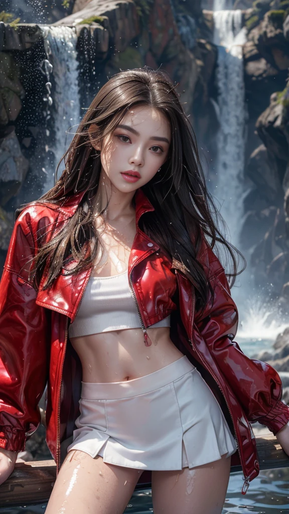 8k, masterpiece, 1 girl, beautiful face, ((very long hair)), glossy makeup, (glossy skin:1.5), detailed eyes, detailed lips, small bust, red short jacket, wet white vest, ((red mini skirt)), ((under pants)), ((bare thigh)), straps clothing, (water falling:1.5), steam effect, water vapor,