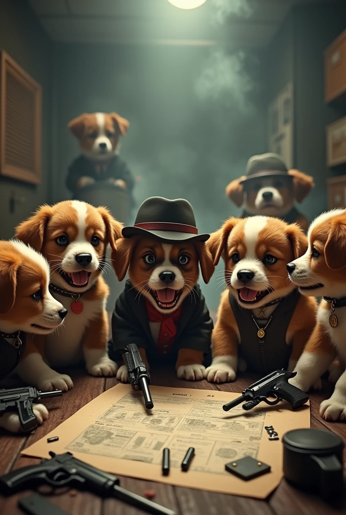Gang of mafia puppy pups who have a plan to rob a bank