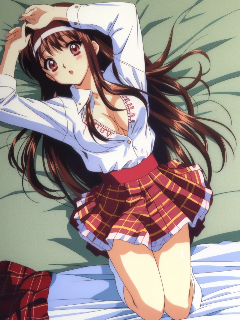 Yuuki Mizuho, One person, alone, Long Hair, hair band, Brown Hair, mini skirt, (skirt lift:1.3), (from bottom:1.3), Red eyes, Plaid, Striped, ribbon, Open your mouth, Plaid スカート, blush, Lips parted, liar, On the bed, Lie down with your arms up, From above, retro artstyle, Long sleeve, White shirt, White Bra,White pants, White knee socks, Lack of shoes, 1990s (style), expensive quality, very_expensive_solve, big_file size, Full Color,(nup, plunging necklines:1.2)