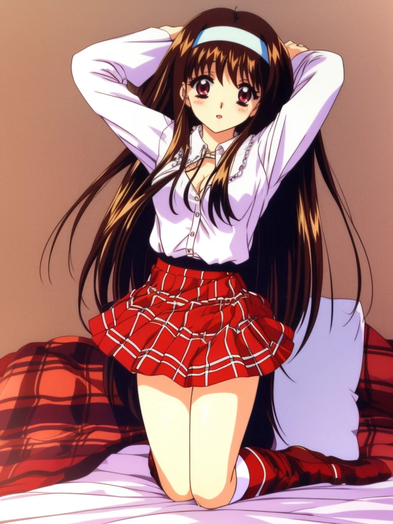 Yuuki Mizuho, One person, alone, Long Hair, hair band, Brown Hair, mini skirt, (skirt lift:1.3), (from bottom:1.3), Red eyes, Plaid, Striped, ribbon, Open your mouth, Plaid スカート, blush, Lips parted, liar, On the bed, Lie down with your arms up, From above, retro artstyle, Long sleeve, White shirt, White Bra,White pants, White knee socks, Lack of shoes, 1990s (style), expensive quality, very_expensive_solve, big_file size, Full Color,(nup, plunging necklines:1.2)