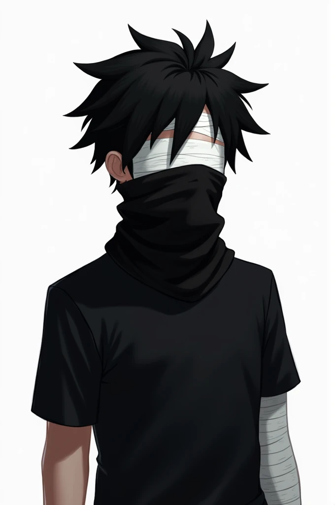 White background, male Roblox avatar, messy black hair, white bandages on his face covering his eyes, black scarf covering his mouth, simple black shirt, bandages covering his inner arm.