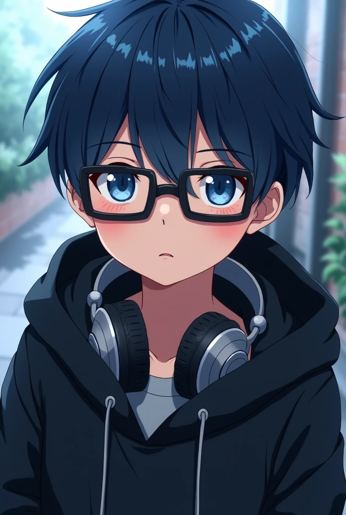 He's a middle school aged boy who looks like a gamer.
He's wearing headphones around his neck.
He's wearing a black hoodie.
His hair is dark blue.
He looks like an anime character.
He's wearing rectangular glasses.