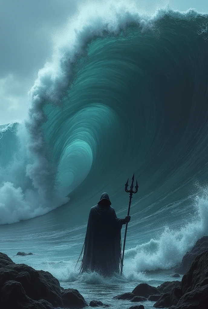 the aspect of this image will be dark, as if it were something scary, a background wave (this wave must be frightening and dark-looking) from a shadow in front holding a trident, this shadow must be cloaked and hooded, looking like a sea demon