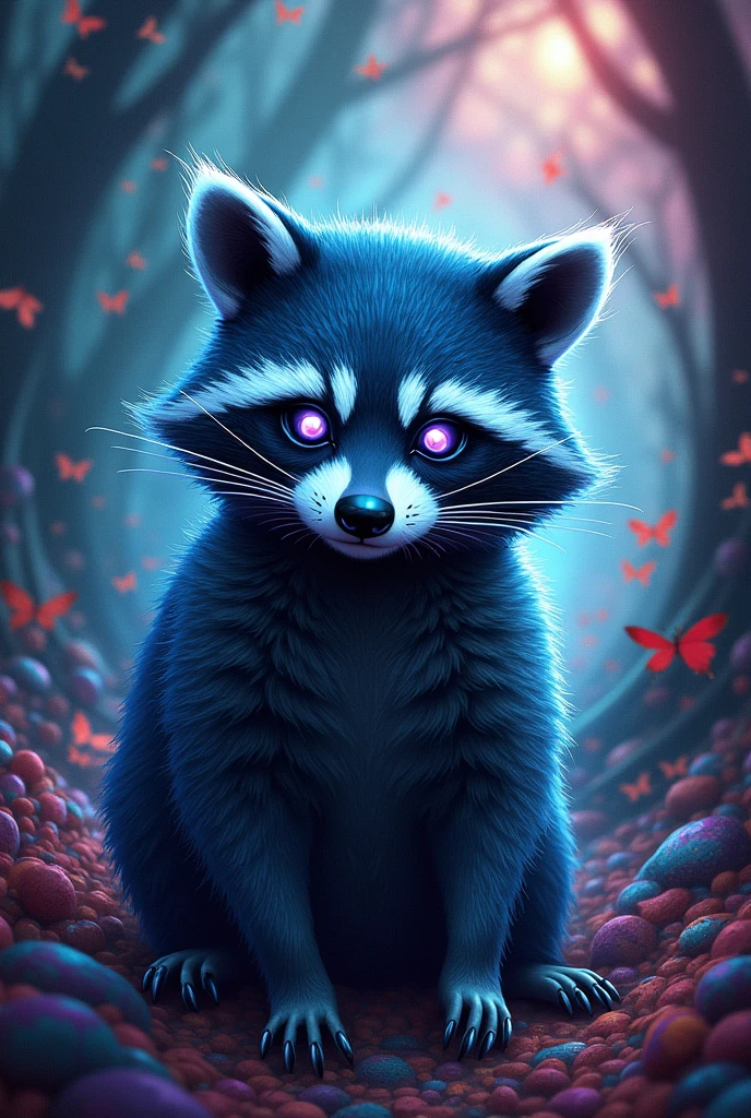 Blue and black trippy style raccoon