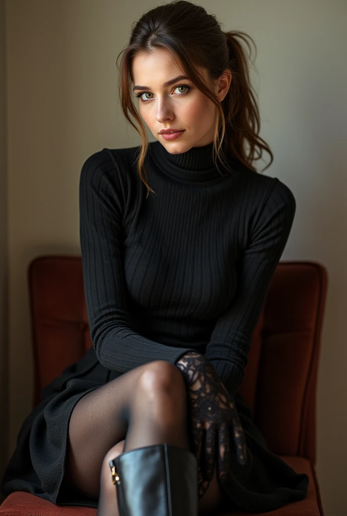 brown hair color、hair pulled back、ponytail、cute face、 she wears a turtleneck and a skirt.、black pantyhose、sitting on a chair、crossed legs、Wearing black lace gloves、wearing boots、adult german woman、full body portrait、indoor.、