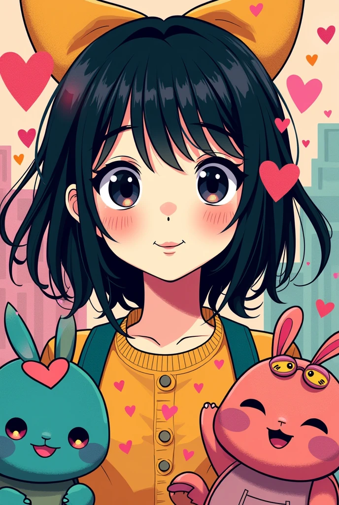 Mai Yoneyama colorful style, Simple Line Initialism，Abstract art，Urban Background, (((The most beautiful girl of all time))), Sweet face. Lips in love, colorful hearts, stylish design, (((黒い瞳))), playing with cute Aliens