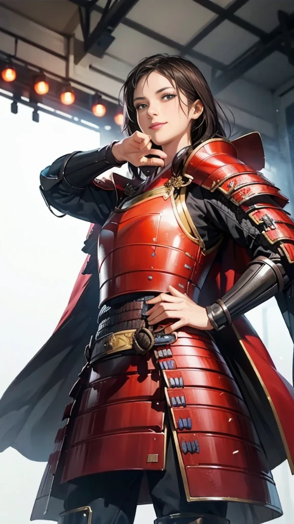 Beautiful woman with dark hair：1.3, Amazing character art, ((Knight Armor:1.3 )),((Pure white background)), (8k, RAW photo, best quality), Handsome，Beautiful female knight, 2. 5D CGI Fantasy Artwork, Detailed digital art, Very nice work of art, Fan Art Best Art Station, (Red velvet long cape),(Stretch your open hand forward:1.3), (Hands on hips),(on stage:1.2),((From below)),Eyes looking into the distance,(A female general gives orders to her soldiers:1.3),Muscular,(samurai:1.2),dynamic,(Confident:1.2,An inappropriate smile,Overbearing),samurai：1.2,Japan