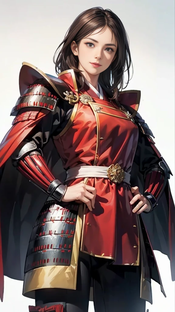 Beautiful woman with dark hair：1.3, Amazing character art, ((Knight Armor:1.3 )),((Pure white background)), (8k, RAW photo, best quality), Handsome，Beautiful female knight, 2. 5D CGI Fantasy Artwork, Detailed digital art, Very nice work of art, Fan Art Best Art Station, (Red velvet long cape),(Stretch your open hand forward:1.3), (Hands on hips),(on stage:1.2),((From below)),Eyes looking into the distance,(A female general gives orders to her soldiers:1.3),Muscular,(samurai:1.2),dynamic,(Confident:1.2,An inappropriate smile,Overbearing),samurai：1.2,Japan