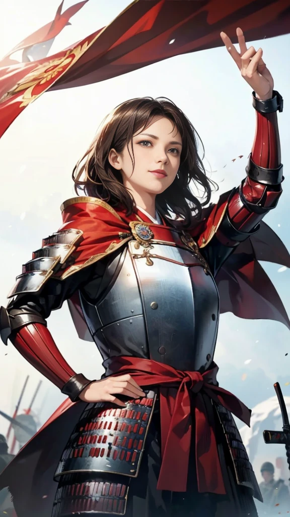 Beautiful woman with dark hair：1.3, Amazing character art, ((Knight Armor:1.3 )),((Pure white background)), (8k, RAW photo, best quality), Handsome，Beautiful female knight, 2. 5D CGI Fantasy Artwork, Detailed digital art, Very nice work of art, Fan Art Best Art Station, (Red velvet long cape),(Stretch your open hand forward:1.3), (Hands on hips),(on stage:1.2),((From below)),Eyes looking into the distance,(A female general gives orders to her soldiers:1.3),Muscular,(samurai:1.2),dynamic,(Confident:1.2,An inappropriate smile,Overbearing),samurai：1.2,Japan