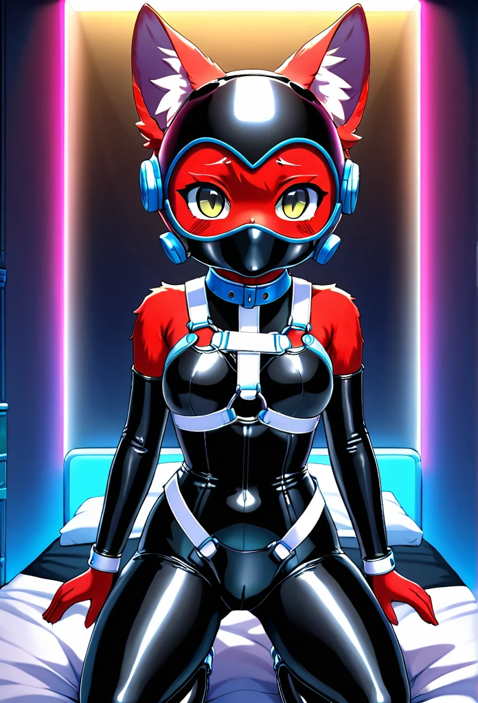 Highest quality, Highest quality, High quality illustrations, masterpiece, Ultra-high resolution, Detailed Background, room, On the bed, Absurd, Perfect Anatomy, performance, Good lighting, Shadows in the movies(kemono, Furry PersonifiCation), Cat, Black Skin, Rubber suit, Rubber suit, latex, neon, neonライト, neonカラー,  Rubber spats, Rubber mask, Black eye lenses on Rubber mask, Red body harness, juvenile, From above,female cat,D cups, breasts, curvy hourglass body