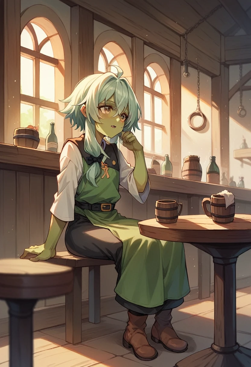 Majo from  anime goblin slayer, high, Good shape, sitting in the tavern