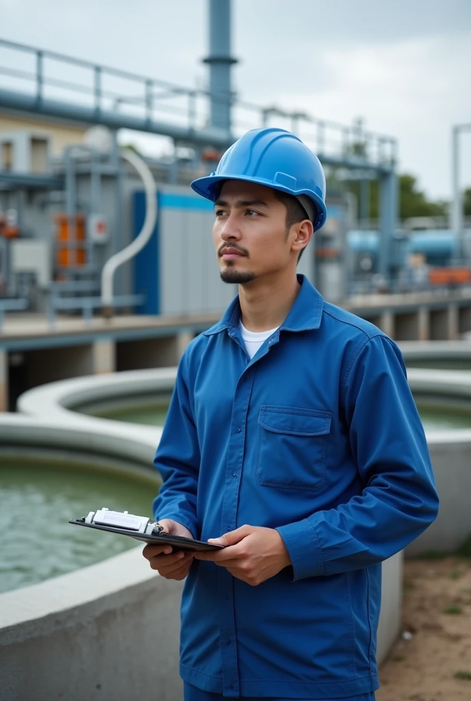 20-year-old operator, at the wastewater treatment plant performing analyses in the tank, working for SENGÉS PAPEL E CELULOSE outdoors near the aeration tanks, uniform blue