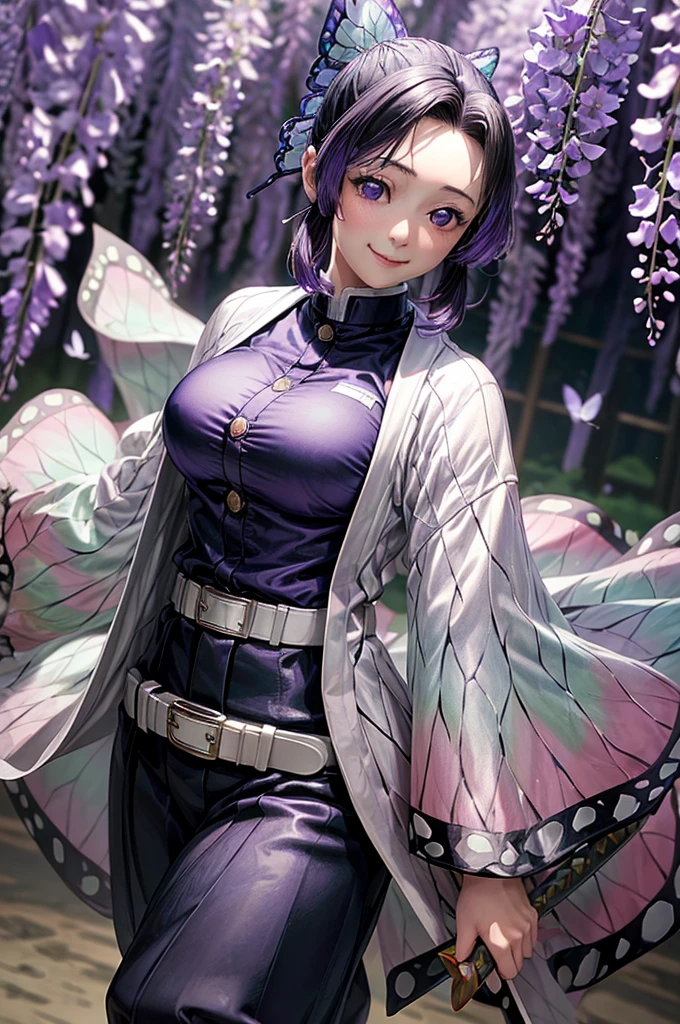 Shinobu Kochou,(masterpiece, Highest quality:1.3), (Super detailed:1.4),(Super detailed顔:1.2),(Super detailed目:1.2), (hyperRealistic:1.3), (RAW Photos:1.2), High-definition RAW color photos, Professional photos, (PhotoRealistic:1.4), (Realistic:1.4),8k,Professional Lighting, Perfect Anatomy, BREAK,(Big Breasts:1.4),(blush:1.2),(Bright smile:1.2),detail, Sharp focus, dramatic,dutch angle,Wisteria field,Japanese garden,Butterfly Hair Ornament, Purple eyes, Multicolored Hair, short hair, Parted bangs, amount, Haori, Wide sleeves, Long sleeve, Black trousers, Black jacket, White belt,(sexy pose:1.3)