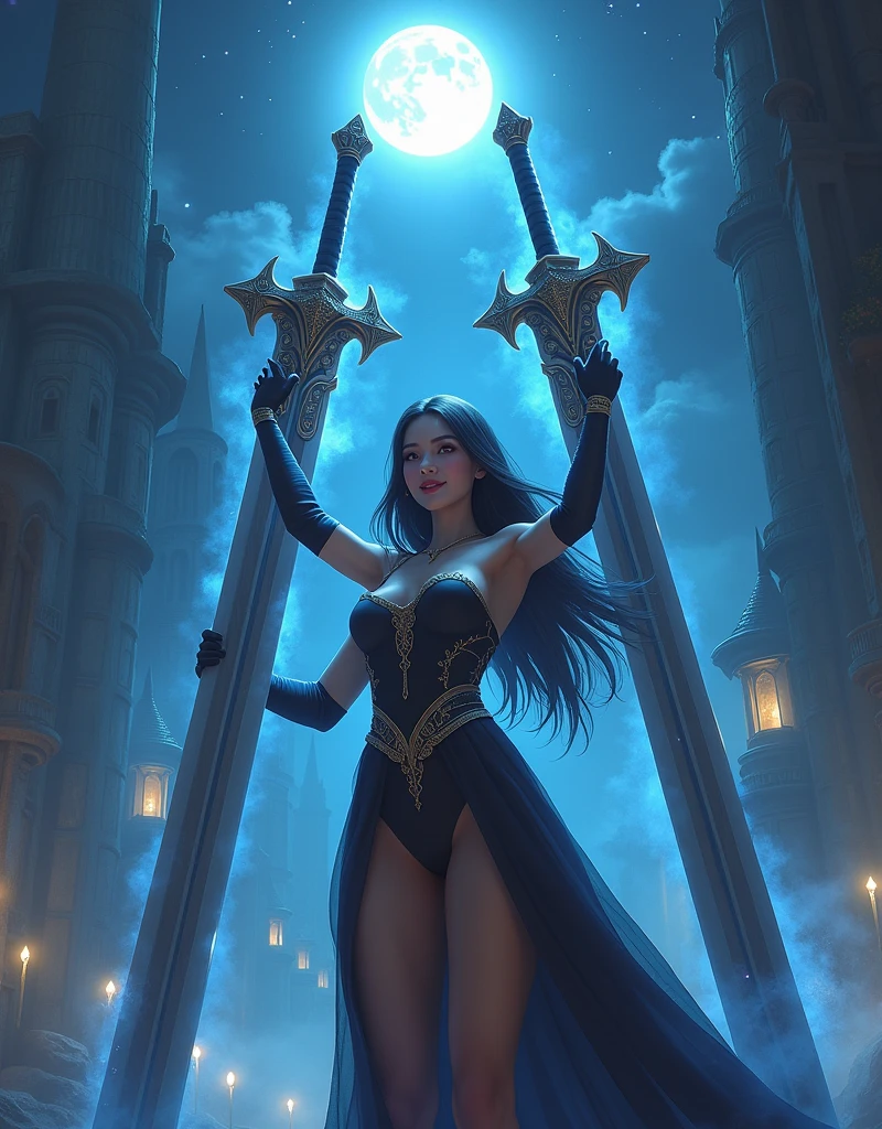 (Three colossal greatswords, twice the size of a human, created by magic.:1.5)、(The enormous sword is floating overhead, tilted by the power of magic.:1.5)、(A beautiful mage warrior who manipulates a greatsword with magic without directly touching it.:1.5)、(Perfect Anatomy:1.3)、gloves、Correct fingers、magic circle、View your viewers、(Beautiful Eyes)、Beautiful and well-proportioned face、Angle from below、One woman、18-year-old、Ancient magic city、Black Hair、(Ultra-sheer outfit)、(Super hourglass body type:1.2)、magical realism、A confident smile、disaster々A bright moon is rising.、(RAW Photos)、(Realistic)、(Super detailed)、(High resolution:1.2)、(masterpiece)、(Highest quality)、(8k)、(Ultra-Details)