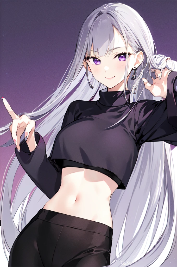 (masterpiece:1.2),best quality,PIXIV,first love,
1girl,solo,long hair,navel,looking at viewer,crop top,earrings,jewelry,breasts,purple eyes,long sleeves,midriff,smile,purple nails,nail polish,shirt,medium breasts,arm up,stomach,signature,blush,flower,closed mouth,yellow flower,grey hair,white background,black pants,groin,very long hair,bangs,upper body,pants,turtleneck,black shirt,purple flower,