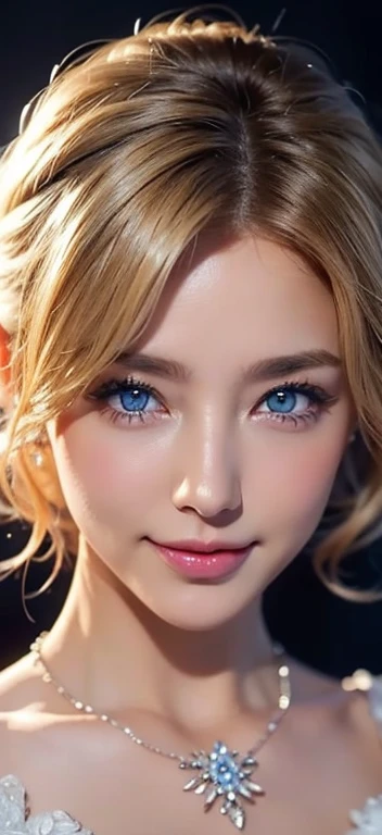 bride、wedding、Luxurious floral dresses、Lightly Dressed、necklace、Formal Wear、night景、illumination、blue eyes、blonde、short hair、Hair tied up、Full body photo、Sexy Face、short hair、 A look of complete lust、(((masterpiece)))、((Highest quality))、((超Realistic))、Mature Woman、Mature Woman、perspective、Very detailed、The perfect temptation、Best image quality、Fine-grained image quality、beautiful、European women, French,Italian woman, smile、blue eyes、jewelry, Realistic, High resolution, Glowing Skin, (Detailed face), jewelry, night, blonde, Wavy Hair,attractive appearance, smile,Japanese women 