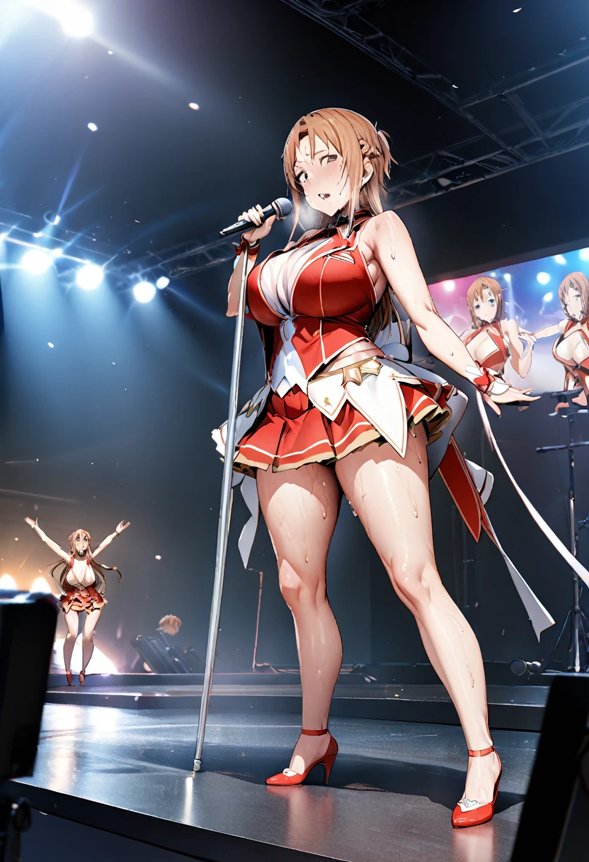 (best quality,8k,masterpiece),1 woman,Asuna Yuuki(Sword Art Online,mature woman,40 years old,chestnut hair,large,sagging breasts,idol costume(mini skirt,tiny clotchs),full body covered in sweat,flushed skin,aroused state),rapier motif microphone,on livestage