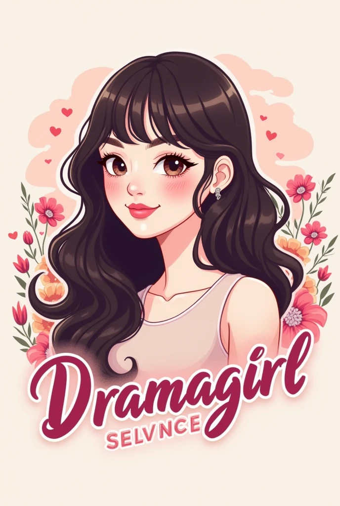 Logo de colores pasteles para foto de perfil de TikTok que diga "Dramagirl" with a girl with long curly hair dark brown and without bangs, asiatic eyes, big cheeks, pink undertones